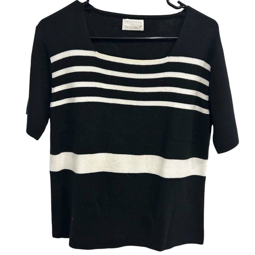Designers Originals Black White Striped Short Sleeve Knit Top Size M Classic